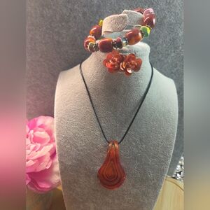 Orange Jewelry Set In Glass Pendant